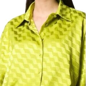 Vtg Lime Green Riva Silk Geometric Zigzag Pattern Luxury Button Front Blouse PM